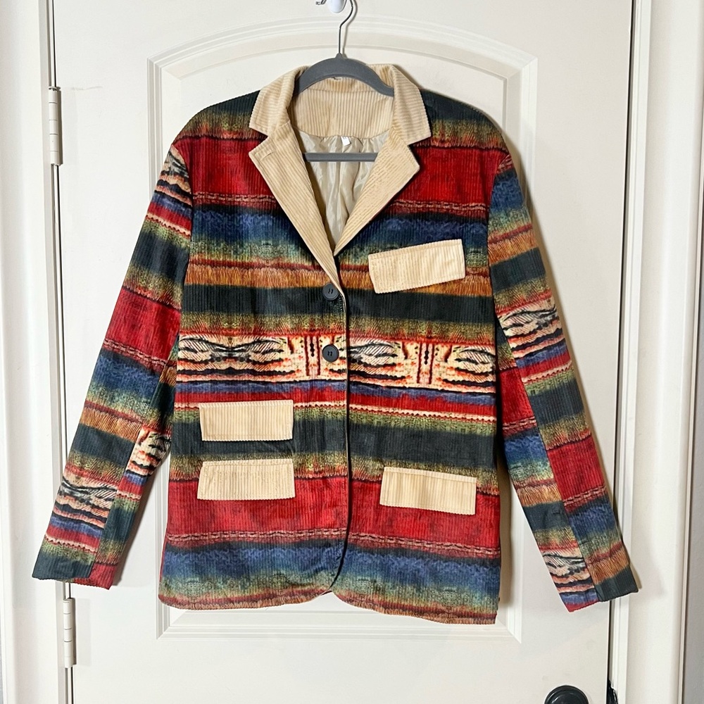 Colorful Striped Serape Print Blazer - XL Western Style Corduroy Like Accents